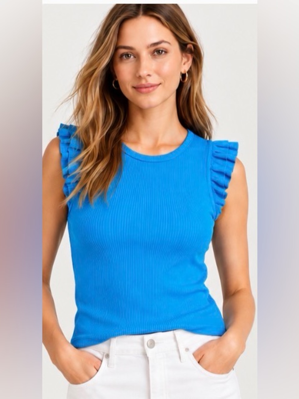 J.Crew Vintage Rib Ruffle Sleeve Shirt Mountain Bluebird Size S